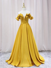 Dream, Yellow A-line Satin Long Prom Dress, Yellow Formal Dress