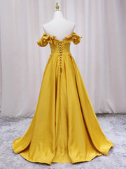 Classy Prom Dress, Yellow A-line Satin Long Prom Dress, Yellow Formal Dress
