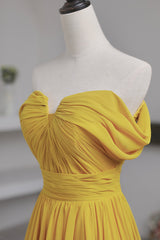 Evening Dresses Cocktail, Yellow Chiffon Long A-Line Prom Dress, Simple Yellow Evening Dress with Slit