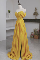 Evening Dress Mermaid, Yellow Chiffon Long A-Line Prom Dress, Simple Yellow Evening Dress with Slit