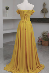 Evening Dress Vintage, Yellow Chiffon Long A-Line Prom Dress, Simple Yellow Evening Dress with Slit