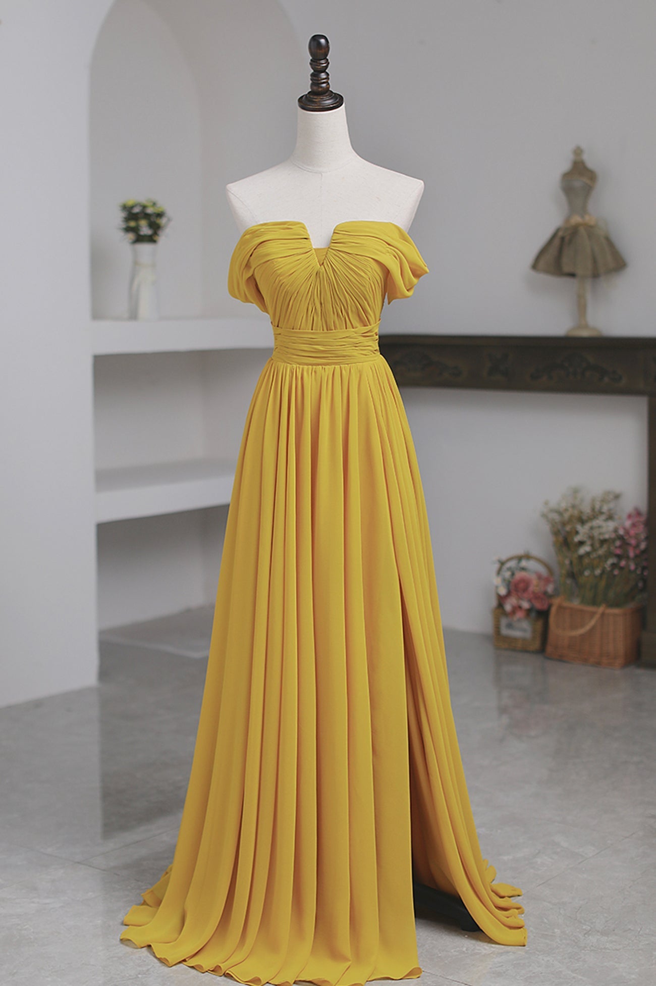 Evening Dresses Green, Yellow Chiffon Long A-Line Prom Dress, Simple Yellow Evening Dress with Slit