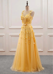Formal Dresses Elegant, Yellow Flowers Tulle Long New Prom Dress, A-line Party Dress