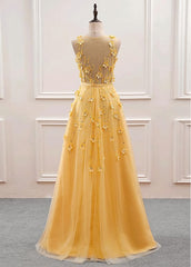 Formal Dress Online, Yellow Flowers Tulle Long New Prom Dress, A-line Party Dress