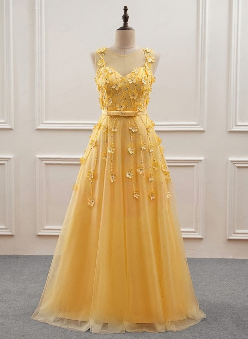 Formal Dress Gown, Yellow Flowers Tulle Long New Prom Dress, A-line Party Dress