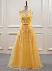 Formal Dress Gown, Yellow Flowers Tulle Long New Prom Dress, A-line Party Dress
