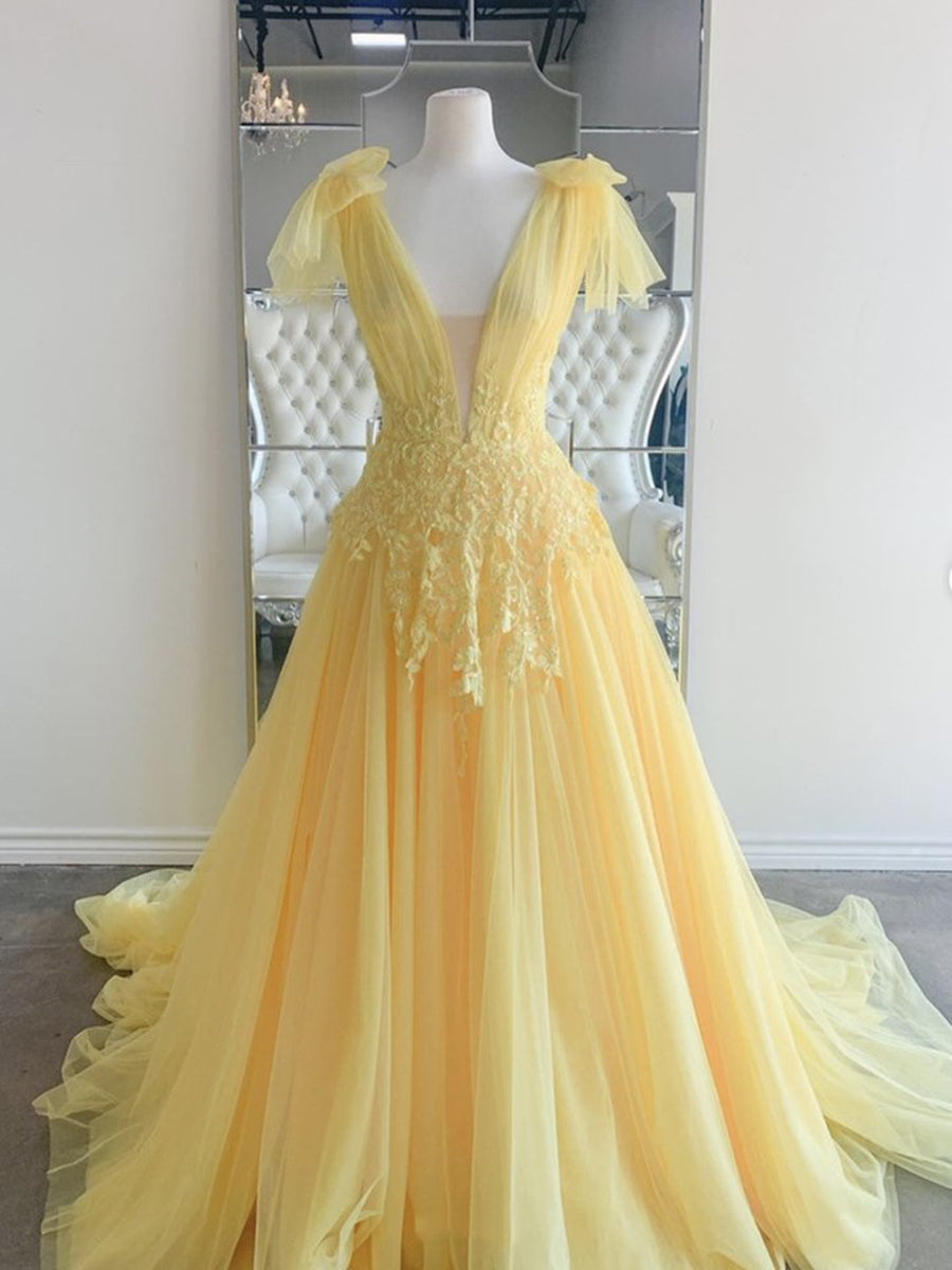 Winter Dress, Yellow Long A-line V Neck Lace Tulle Backless Formal Graduation Prom Dresses