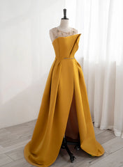 Evening Dress Long, Yellow Satin Beaded Long Prom Dress with Leg Slit, Yellow A-line Party Dress