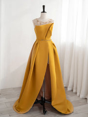 Cute Dress Outfit, Yellow Satin Beaded Long Prom Dress with Leg Slit, Yellow A-line Party Dress