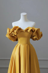 Bridesmaid Dresses Yellow, Yellow Satin Long Prom Dress, Simple Off Shoulder Evening Party Dress