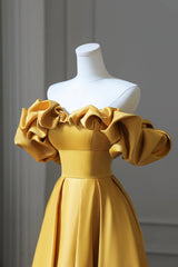 Bridesmaid Dresses Floral, Yellow Satin Long Prom Dress, Simple Off Shoulder Evening Party Dress