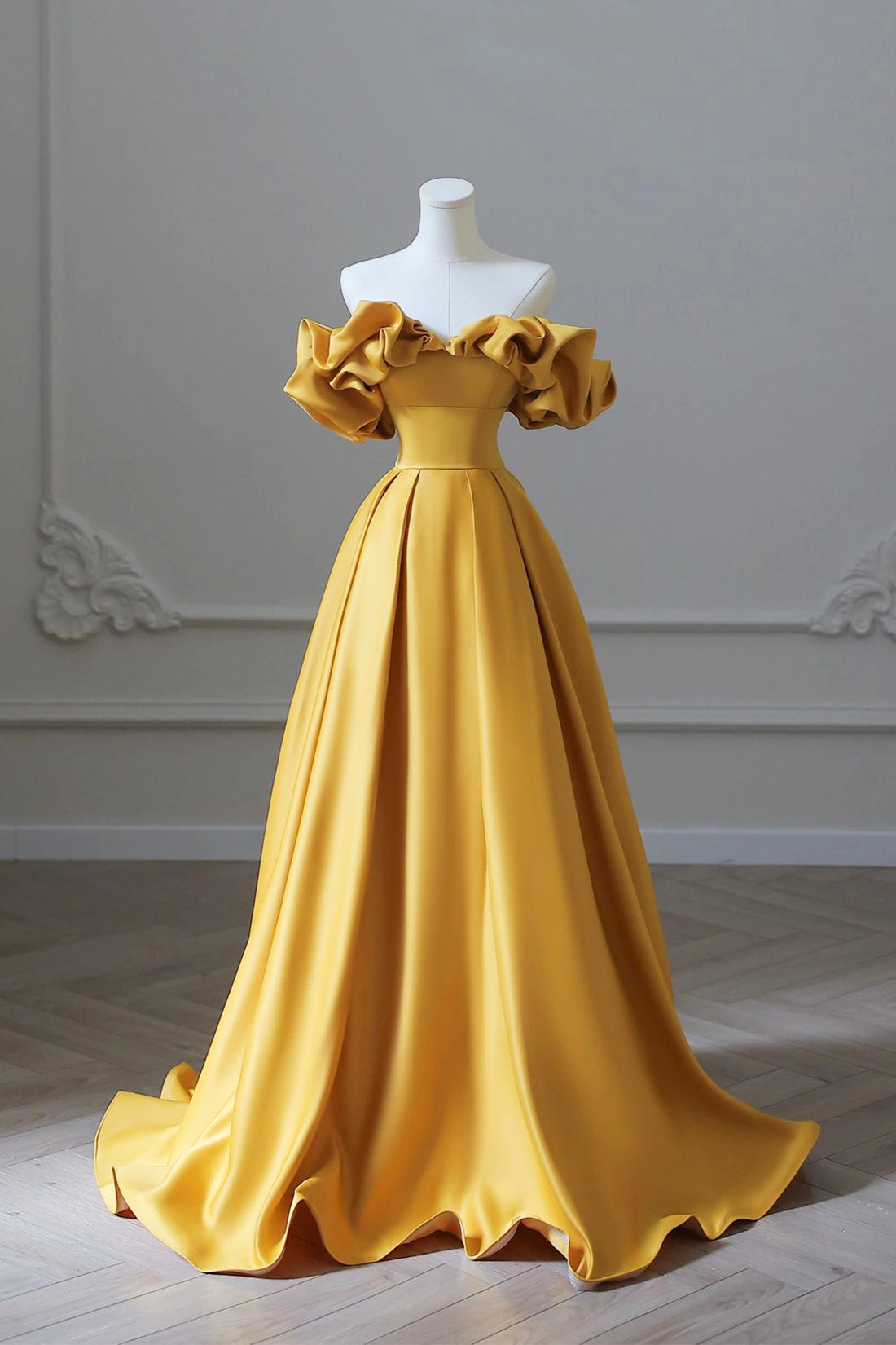 Wedding Bouquet, Yellow Satin Long Prom Dress, Simple Off Shoulder Evening Party Dress