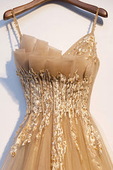 Prom Dresses Websites, Yellow Spaghetti Straps Lace Long Prom Dress, A-Line Evening Party Dress