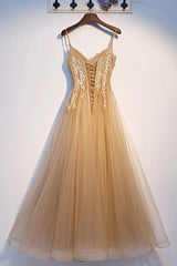 Prom Dress Websites, Yellow Spaghetti Straps Lace Long Prom Dress, A-Line Evening Party Dress
