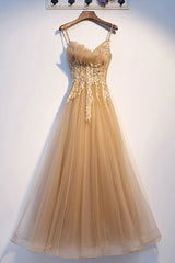 Prom Dress Website, Yellow Spaghetti Straps Lace Long Prom Dress, A-Line Evening Party Dress
