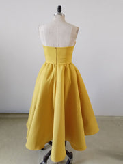 Champagne Prom Dress, Yellow Sweetheart Neck Satin Tea Length Prom Dress, Yellow Formal Dress