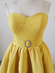 Blue Gown, Yellow Sweetheart Neck Satin Tea Length Prom Dress, Yellow Formal Dress