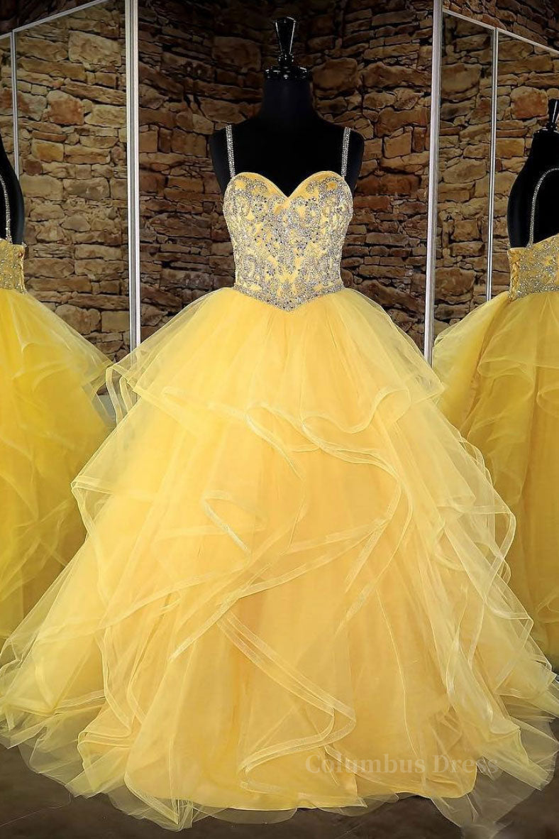 Homecoming Dresses Style, Yellow sweetheart tulle sequin long prom dress, yellow evening dress