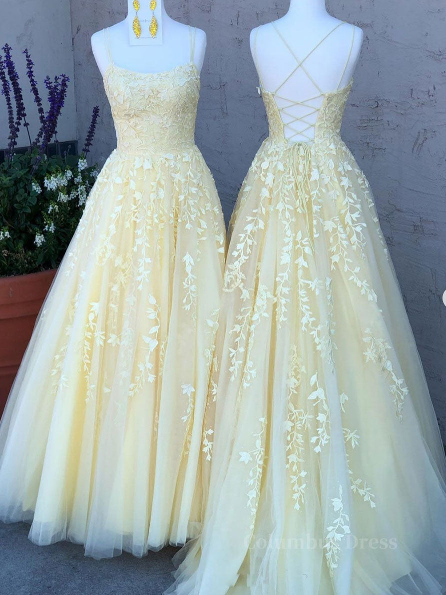 Homecomming Dress Black, Yellow tulle lace long prom dress, yellow tulle lace formal dress