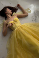 Prom Dress Green, Yellow Tulle Long A-Line Evening Dress, Cute Spaghetti Strap Prom Dress