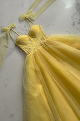 Prom Dresses Open Backs, Yellow Tulle Long A-Line Evening Dress, Cute Spaghetti Strap Prom Dress