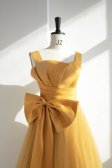 Homecoming Dress Beautiful, Yellow Tulle Long A-Line Prom Dress, Cute Evening Dress with Bow
