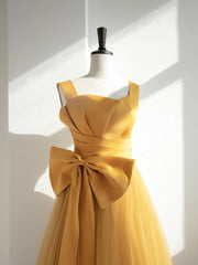 Homecomming Dresses Blue, Yellow Tulle Long Party Dress with Bow, Yellow Prom Dress Evening Gown