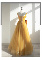 Homecomeing Dresses Blue, Yellow Tulle Long Party Dress with Bow, Yellow Prom Dress Evening Gown
