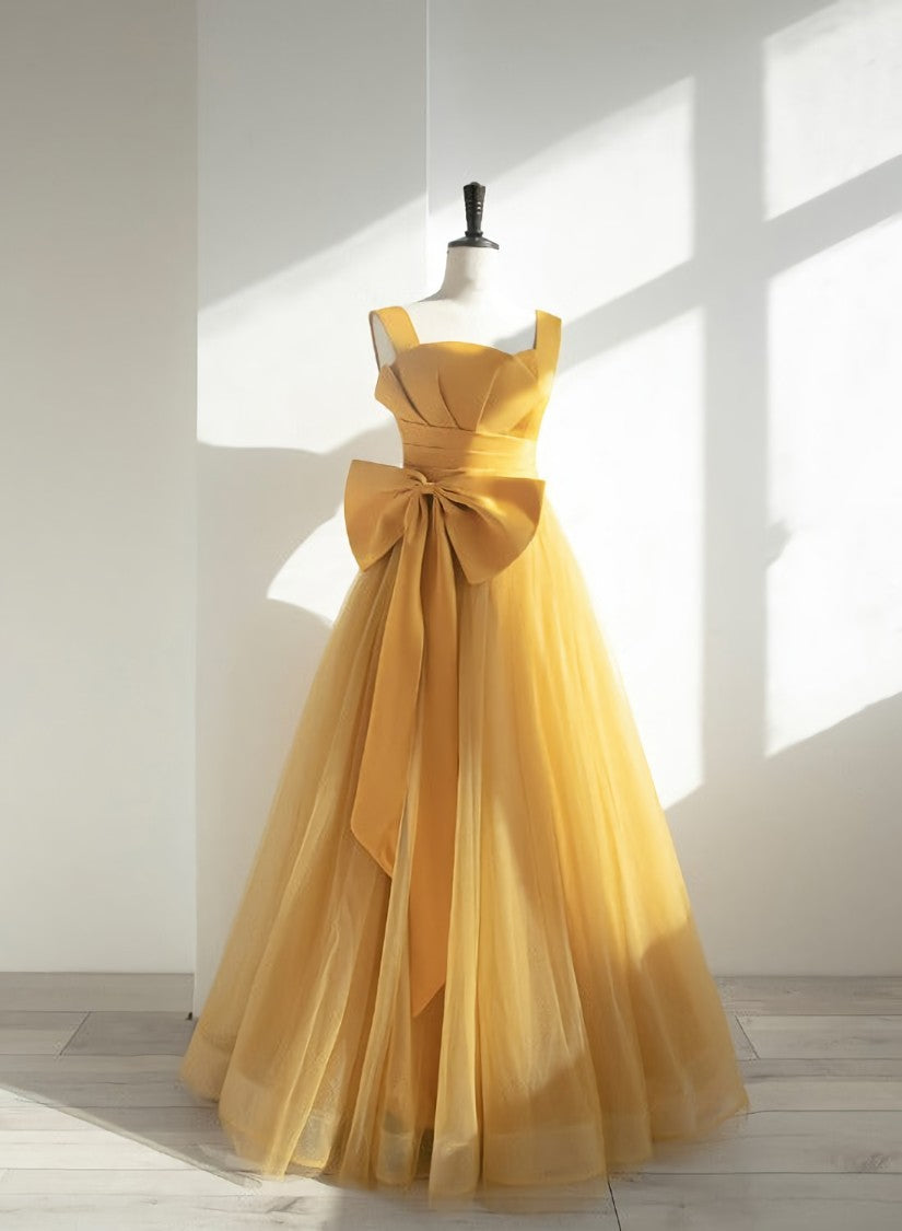 Homecoming Dresses With Tulle, Yellow Tulle Long Party Dress with Bow, Yellow Prom Dress Evening Gown