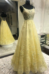 Bridesmaid Dress Inspo, Yellow Tulle Long Prom Dress with Lace, A-Line Backless Party Dress