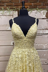 Prom Dresses Under 110, Yellow V-Neck Lace Long Prom Dress, A-Line Spaghetti Straps Evening Dress