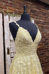 Prom Dress Under 110, Yellow V-Neck Lace Long Prom Dress, A-Line Spaghetti Straps Evening Dress
