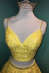 Floral Prom Dress, Yellow V-Neck Lace Long Prom Dress, Two Pieces Evening Graduation Dress