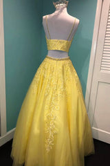 Emerald Green Prom Dress, Yellow V-Neck Lace Long Prom Dress, Two Pieces Evening Graduation Dress