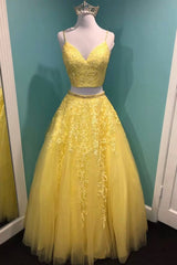 Formal Dress With Embroidered Flowers, Yellow V-Neck Lace Long Prom Dress, Two Pieces Evening Graduation Dress