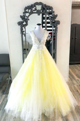 Homecoming Dresses Lace, Yellow v neck tulle lace long prom dress yellow formal dress