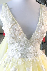 Homecoming Dress Lace, Yellow v neck tulle lace long prom dress yellow formal dress
