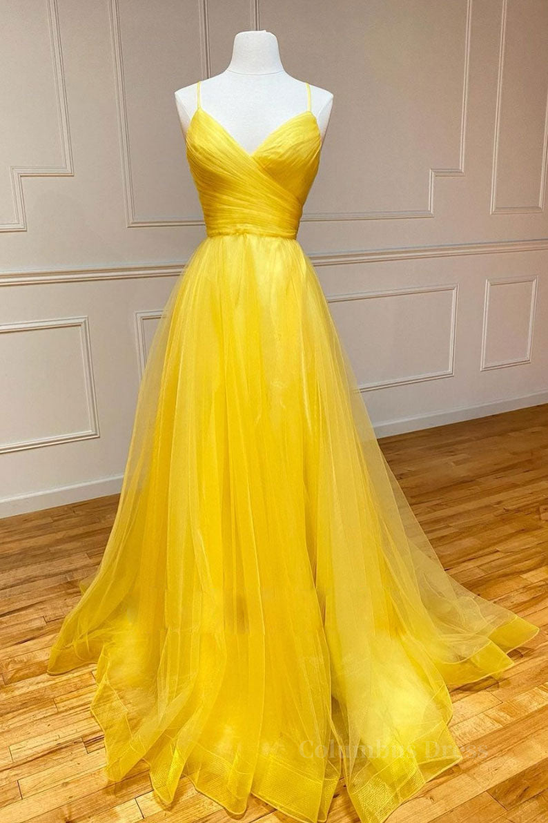 Prom Dresses For 025, Yellow v neck tulle long prom dress yellow formal dress