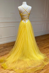 Prom Dress Styles, Yellow v neck tulle long prom dress yellow formal dress