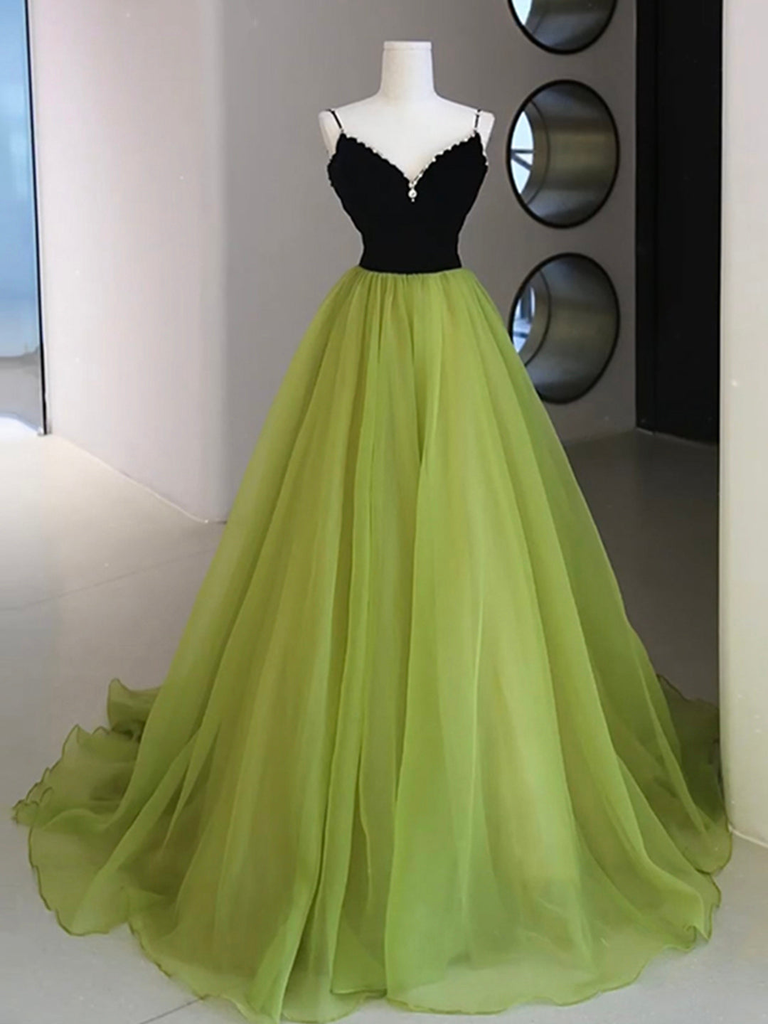 Bridesmaids Dress Gold, Black Velvet and Green Tulle Long Prom Dress, Green V-Neck Evening Dress