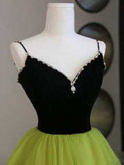 Bridesmaid Dresses Tulle, Black Velvet and Green Tulle Long Prom Dress, Green V-Neck Evening Dress