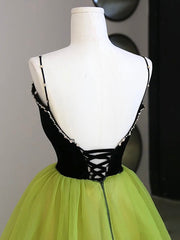 Bridesmaid Dress Tulle, Black Velvet and Green Tulle Long Prom Dress, Green V-Neck Evening Dress