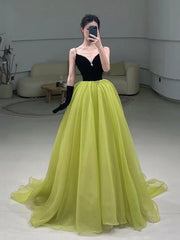 Bridesmaids Dress Chiffon, Black Velvet and Green Tulle Long Prom Dress, Green V-Neck Evening Dress