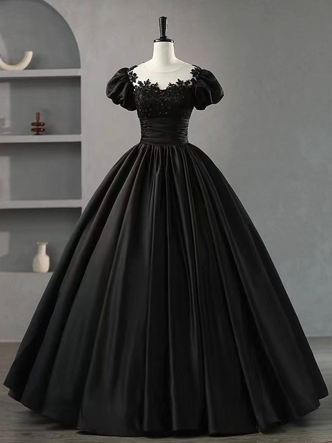 Bridesmaids Dresses Fall, Black Scoop Neckline Satin Lace Long Prom Dress, A-Line Short Sleeve Party Dress