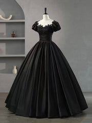 Bridesmaide Dresses Fall, Black Scoop Neckline Satin Lace Long Prom Dress, A-Line Short Sleeve Party Dress