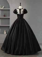 Bridesmaid Dress Fall, Black Scoop Neckline Satin Lace Long Prom Dress, A-Line Short Sleeve Party Dress