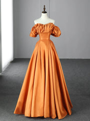 Bridesmaids Dresses Different Styles, Orange Floor Length Satin Long Prom Dress, Off the Shoulder Evening Party Dress