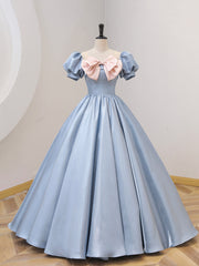 Summer Wedding, Blue Satin Floor Length Prom Dress with Bow, Blue A-Line Evening Formal Dress