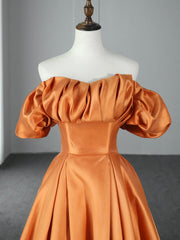Bridesmaid Dresses Different Style, Orange Floor Length Satin Long Prom Dress, Off the Shoulder Evening Party Dress