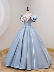 Bridal Shoes, Blue Satin Floor Length Prom Dress with Bow, Blue A-Line Evening Formal Dress